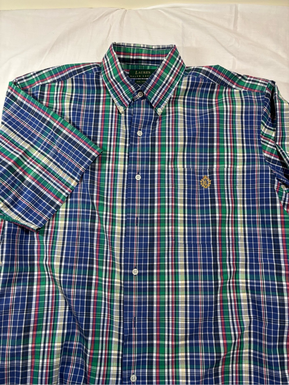 Ralph Lauren Blue, Green & White Plaid Short-Sleeve Button-Down Shirt